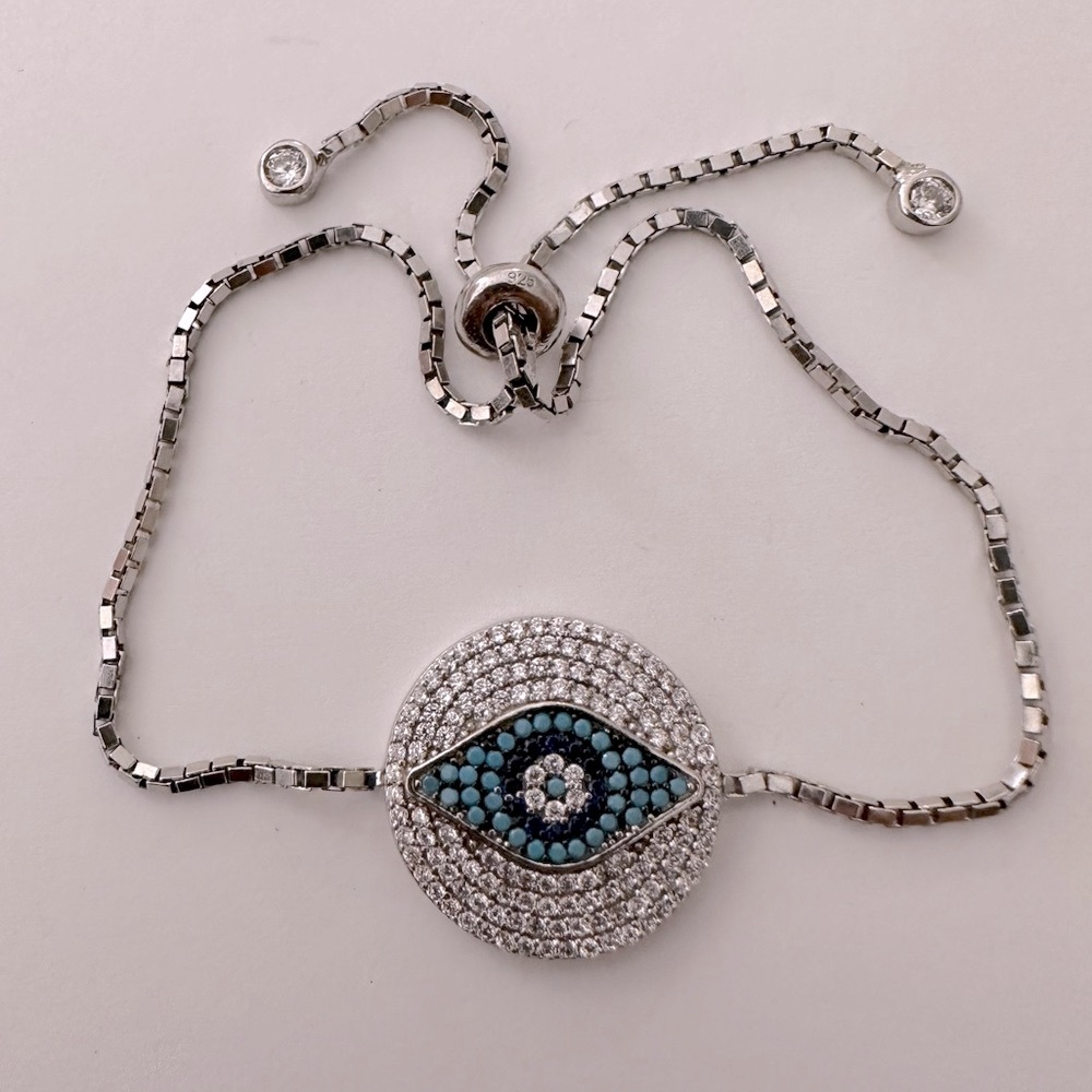 🧿925 Silver evileye bracelet bolo turquoise and cubic zirconia stones